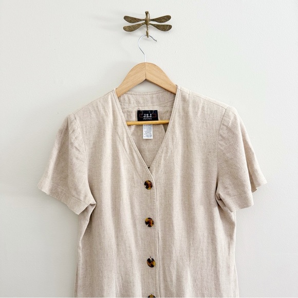 Vintage Linen Blend Neutral Minimalist V Neck Button Down Midi Dress - Picture 2 of 6